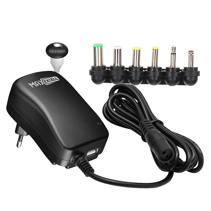 MAXEXCELL Chargeur Secteur 30W Tension Réglable 3-12V avec USB et 6 Embouts Inclus Noir