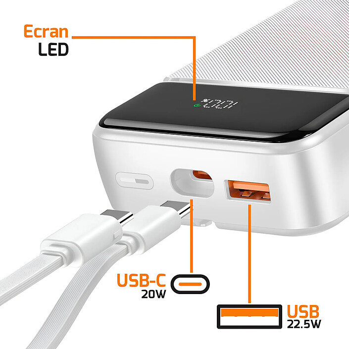 Avis Max excell Batterie de Secours 20000mAh 2 Port USB-A / USB-C avec 2 Câbles et Écran LCD Blanc