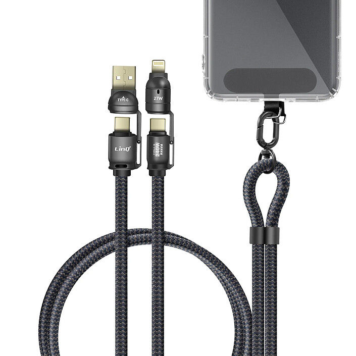 LinQ Cordon Tour du Cou 4 en 1 USB 5A USB-C 240W Lightning Charge Rapide Anti-noeuds Noir