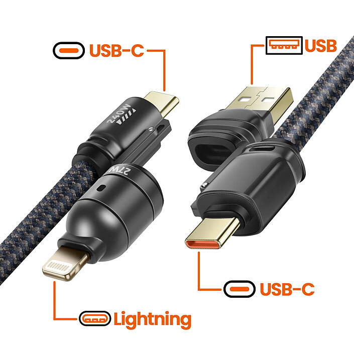 Acheter LinQ Cordon Tour du Cou 4 en 1 USB 5A USB-C 240W Lightning Charge Rapide Anti-noeuds Noir