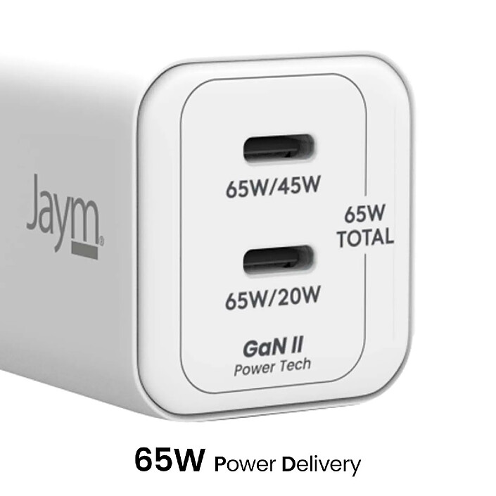 Avis Jaym Chargeur Secteur Double USB-C Rapide 65W PD / PPS Ultra-Compact GaN Blanc