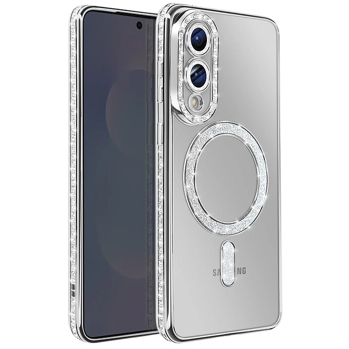 Avizar Coque pour Galaxy S25 Edge Compatible MagSafe avec Contour Strassé Argent