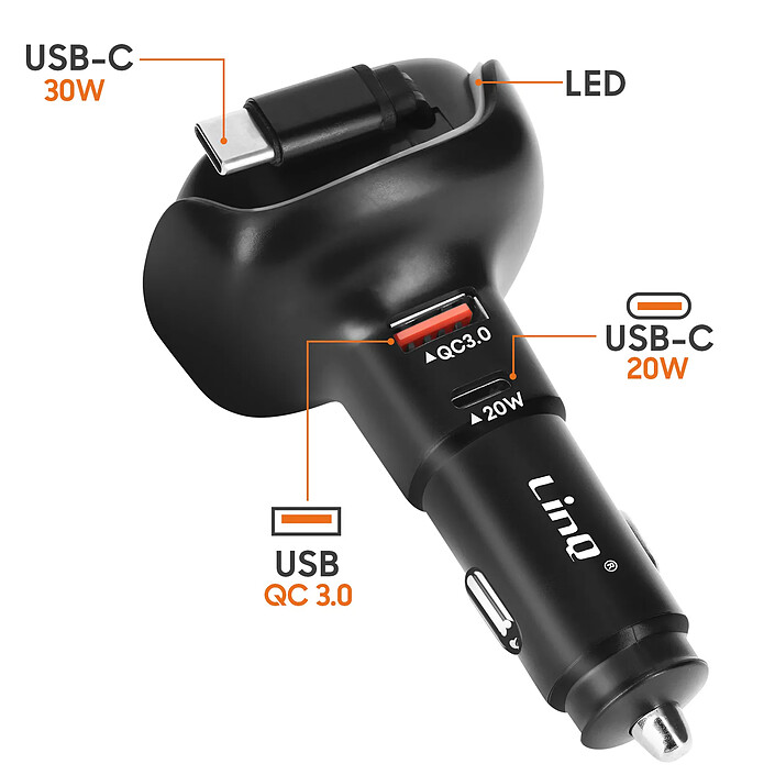 Avis LinQ Chargeur Voiture USB-C 20W et USB QC 3.0 avec Anneau LED et Câble Type-C 30W Noir