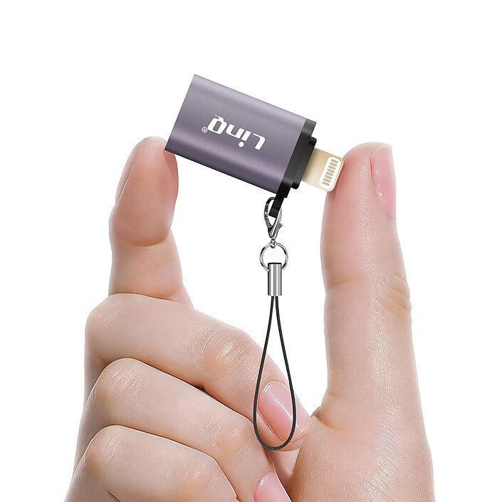 LinQ Adaptateur OTG USB Femelle vers Lightning Mâle avec Dragonne à Mousqueton Gris pas cher