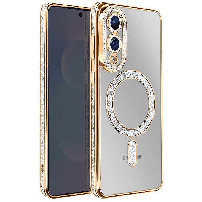 Avizar Coque pour Galaxy S25 Edge Compatible MagSafe avec Contour Strassé Dorée