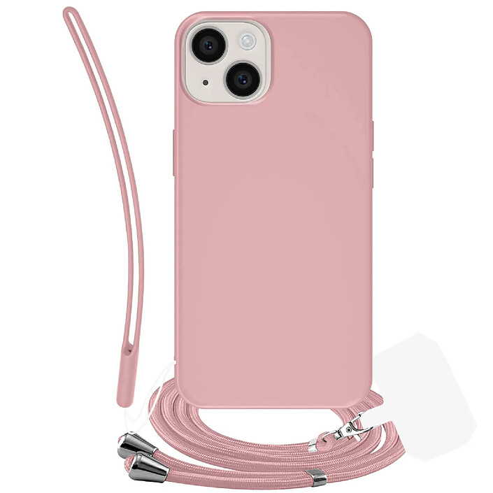 Jaym Coque pour iPhone 14 Plus en Silicone avec Cordon et Poignet Inclus Rose