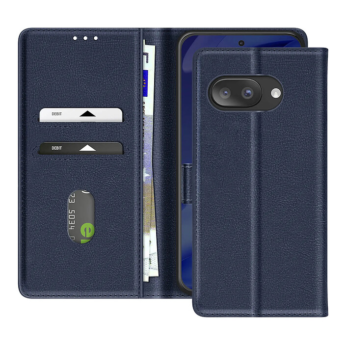 Avizar Étui Portefeuille pour Google Pixel 9a Série Chesterfield Grainé Fonction Stand Bleu nuit