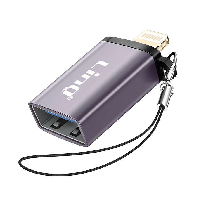 LinQ Adaptateur OTG USB Femelle vers Lightning Mâle avec Dragonne à Mousqueton Gris