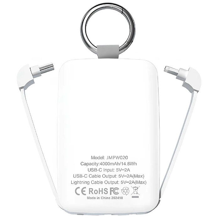 Avis Jaym Batterie de Secours 4000mAh Ultra-compacte avec Porte-clés et 2 mini Câbles Blanc