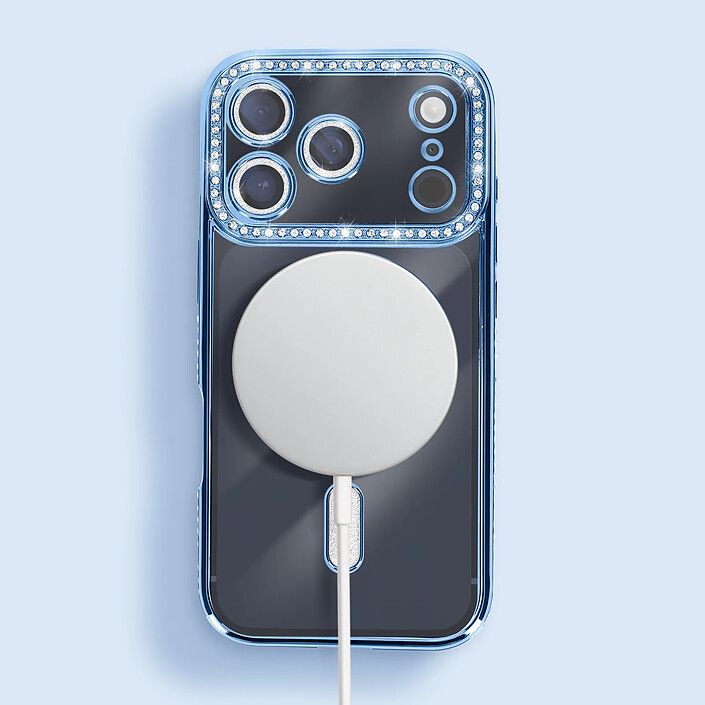 Avizar Coque pour iPhone 17 Pro Max Compatible MagSafe avec Contour Strassé Bleu clair pas cher