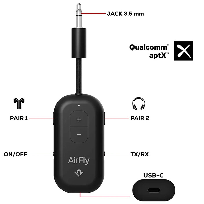 Twelve south Transmetteur Audio Bluetooth AirFly Pro 2 avec Jack 3.5mm Autonomie 25h Noir pas cher