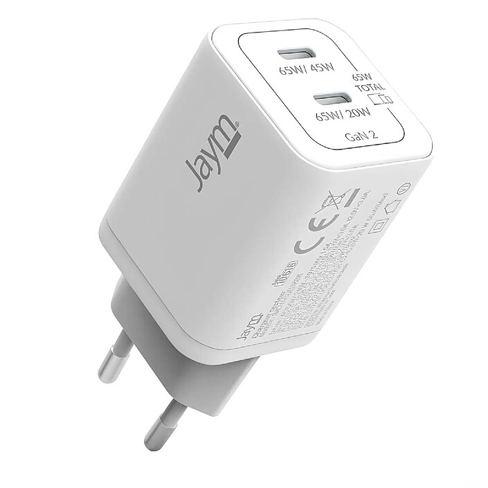 Jaym Chargeur Secteur Double USB-C Rapide 65W PD / PPS Ultra-Compact GaN Blanc