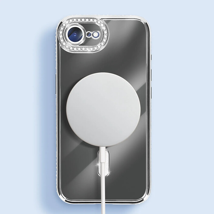 Avizar Coque pour iPhone 16e Compatible MagSafe avec Contour Strassé Argent pas cher