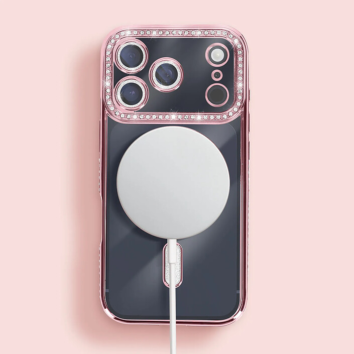 Avizar Coque pour iPhone 17 Pro Compatible MagSafe avec Contour Strassé Rose champagne pas cher