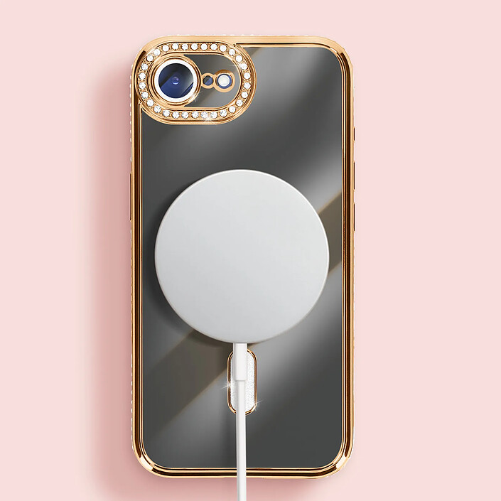 Avizar Coque pour iPhone 16e Compatible MagSafe avec Contour Strassé Dorée pas cher