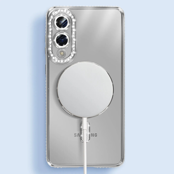 Avizar Coque pour Galaxy S25 Edge Compatible MagSafe avec Contour Strassé Argent pas cher