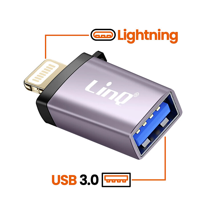 Avis LinQ Adaptateur OTG USB Femelle vers Lightning Mâle avec Dragonne à Mousqueton Gris