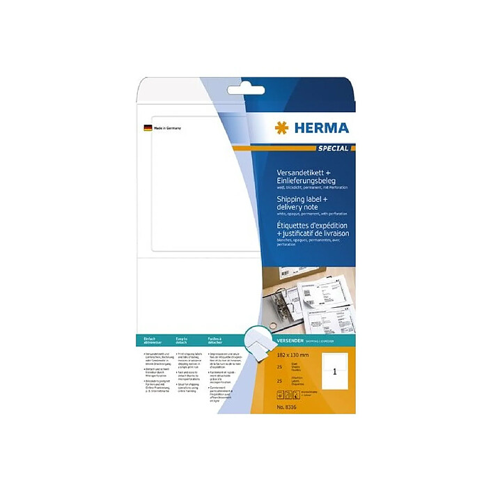 HERMA Étiquettes d'expédition + justificatif 182 x 130 A4 Blanc