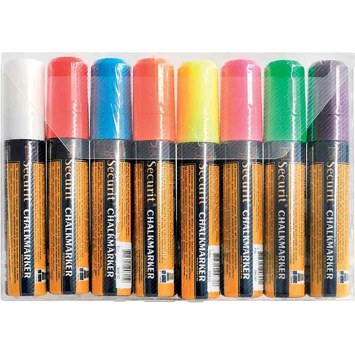 SECURIT Etui de 8 Marqueurs Craie Liquide ORIGINAL LARGE Biseautée 7 - 15 mm Assortis