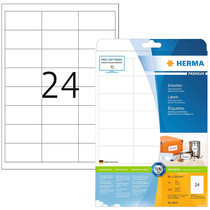 HERMA Etiquettes PREMIUM sur 10 Feuilles A4 66 x 33,8 mm, blanc