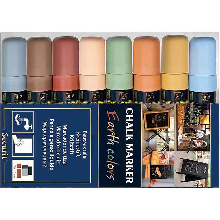 SECURIT Etui de 8 Marqueurs Craie Liquide ORIGINAL LARGE Biseautée 7 - 15 mm Terre
