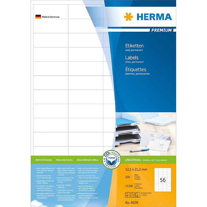 HERMA Etiquettes PREMIUM sur 200 Feuilles A4, 52,5 x 21,2 mm, blanc