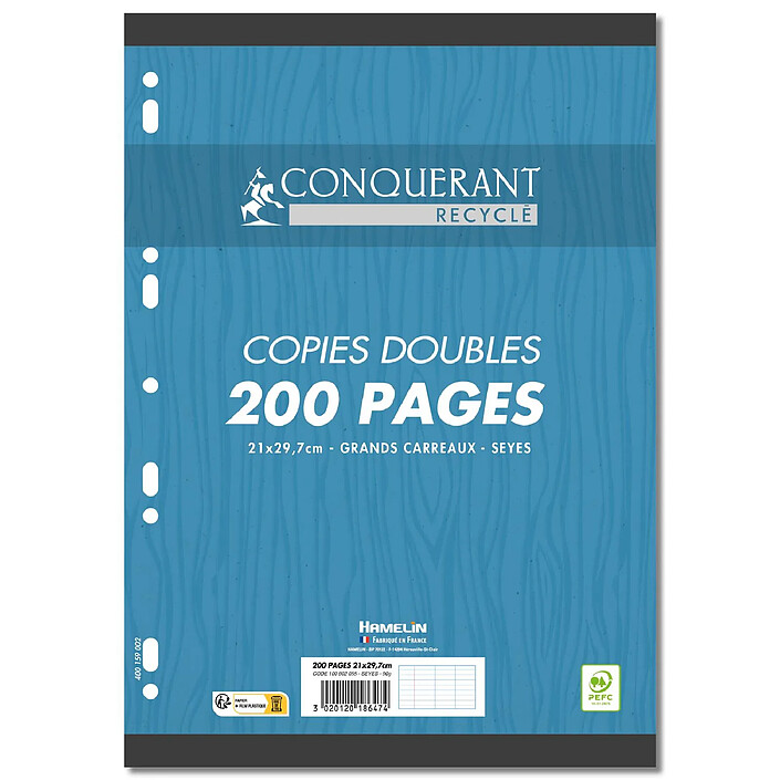 CONQUÉRANT Copies double perforées recyclées sous film A4 200P 90G grands carreaux