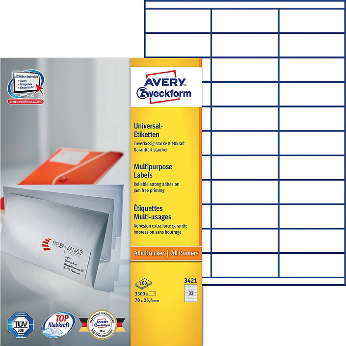 AVERY Boîte 3300 Etiquettes Multi-Usages 70 x 25,4 mm Blanc