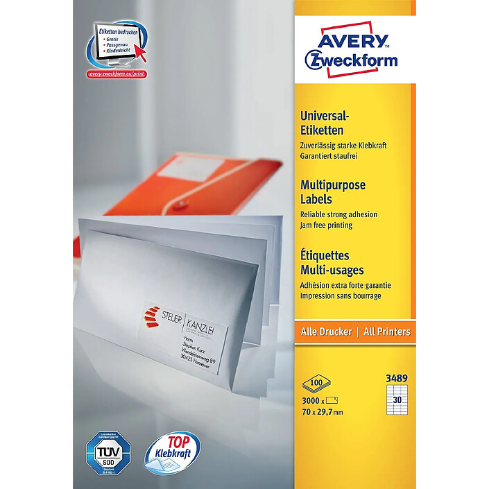 AVERY Boite de 3000 Etiquettes universelles 70 x 29,7 mm sur 100F A4 Blanc