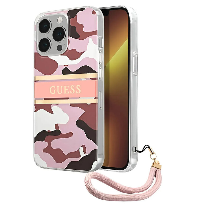 Guess Coque pour Apple iPhone 13 Pro Camo avec lanière nylon Rose pas cher