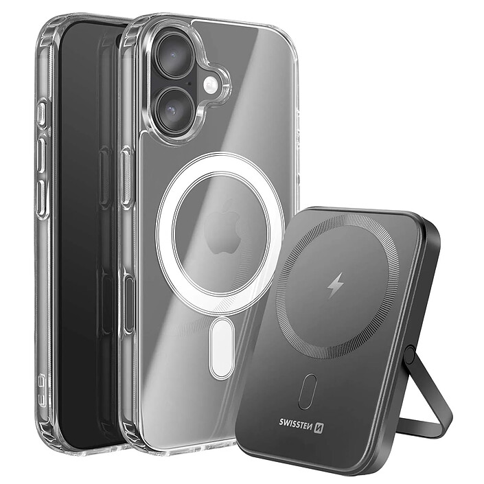Swissten Pack MagSafe iPhone 17 avec Coque Bi-matière  et Powerbank 5000 mAh Transparent