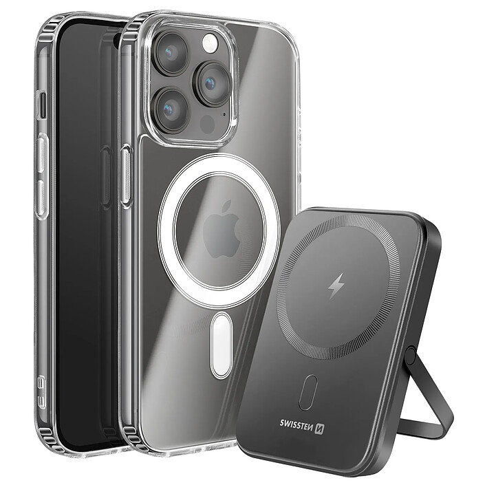 Swissten Pack MagSafe iPhone 14 Pro Max avec Coque Bi-matière et Powerbank 5000 mAh Transparent