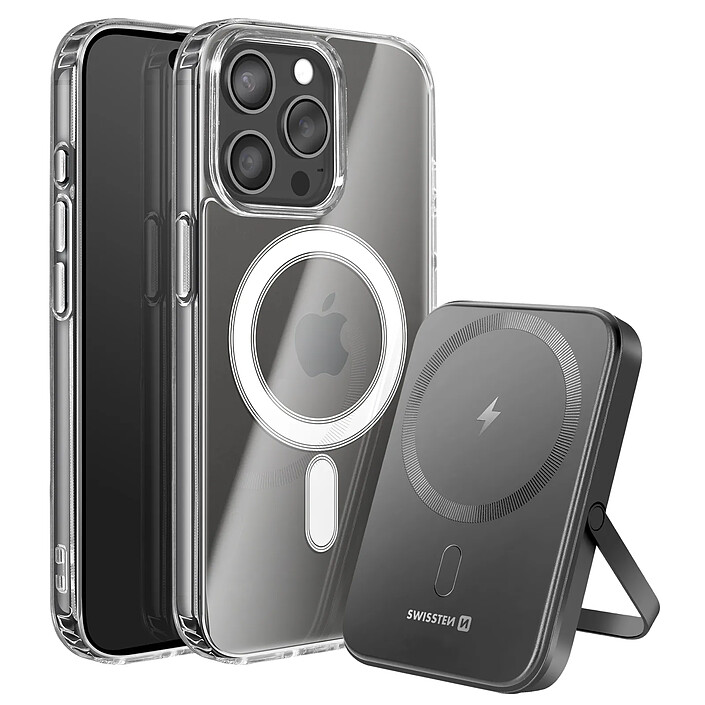 Swissten Pack MagSafe iPhone 15 Pro Max avec Coque Bi-matière et Powerbank 5000 mAh Transparent