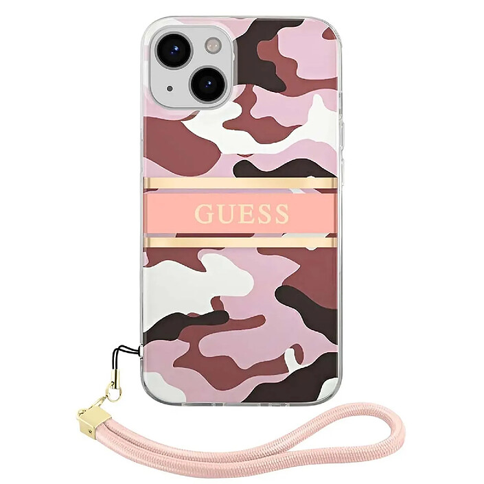 Guess Coque pour Apple iPhone 13 Camo avec lanière nylon Rose