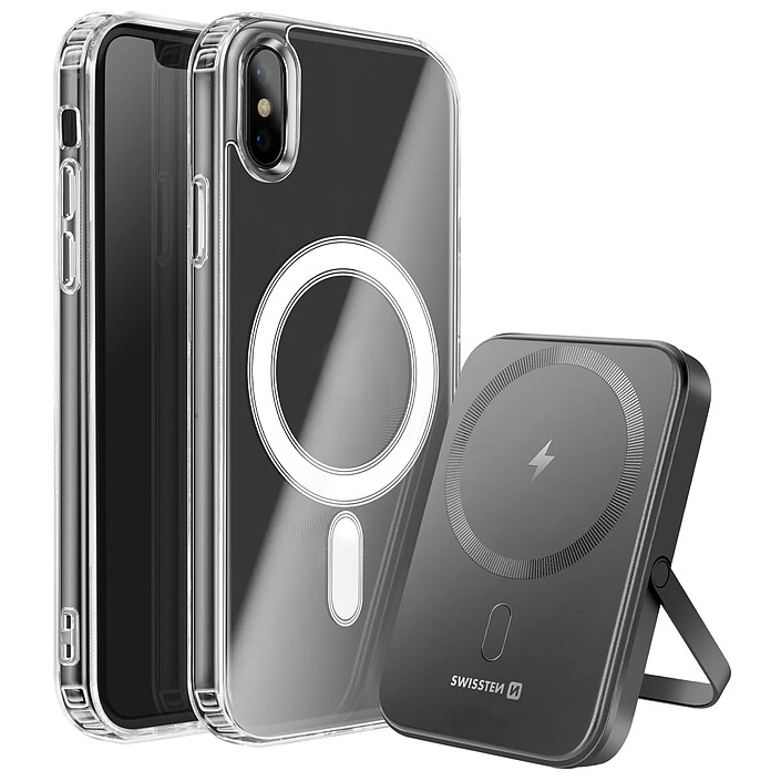 Swissten Pack MagSafe pour iPhone X avec Coque Bi-matière et Powerbank 5000 mAh Transparent