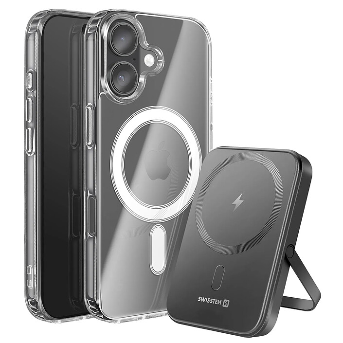 Swissten Pack MagSafe iPhone 16 avec Coque Bi-matière et Powerbank 5000 mAh Transparent