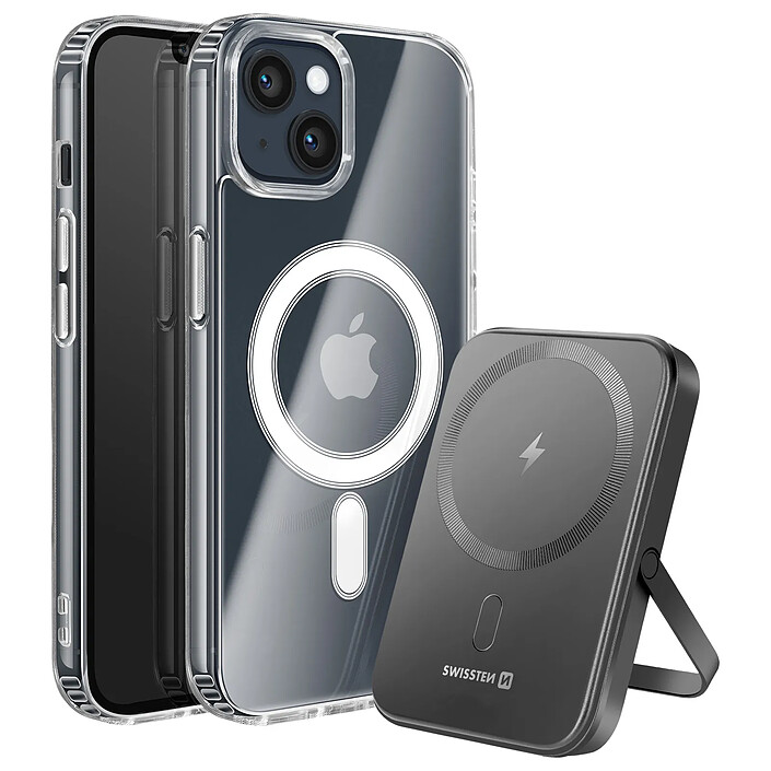 Swissten Pack MagSafe pour iPhone 14 Plus avec Coque Bi-matière et Powerbank 5000 mAh Transparent