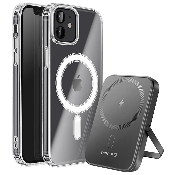 Swissten Pack MagSafe iPhone 12 avec Coque Bi-matière et Powerbank 5000 mAh Transparent