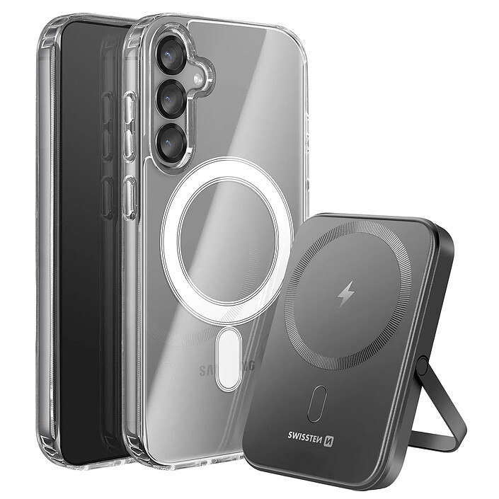 Swissten Pack MagSafe Galaxy S25 / Galaxy S24 avec Coque Bi-matière et Powerbank 5000 mAh Transparent
