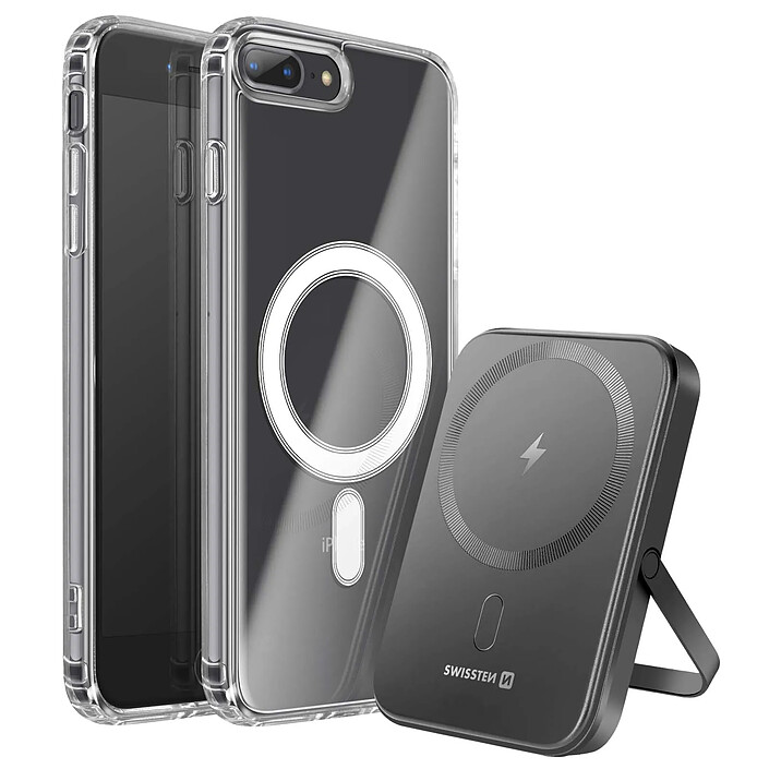Swissten Pack MagSafe iPhone 8 Plus avec Coque Bi-matière  et Powerbank 5000 mAh Transparent