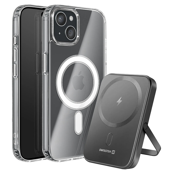 Swissten Pack MagSafe iPhone 15 Plus avec Coque Bi-matière et Powerbank 5000 mAh Transparent