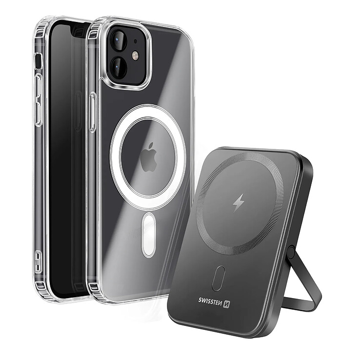 Swissten Pack MagSafe iPhone 12 Mini avec Coque Bi-matière et Powerbank 5000 mAh Transparent