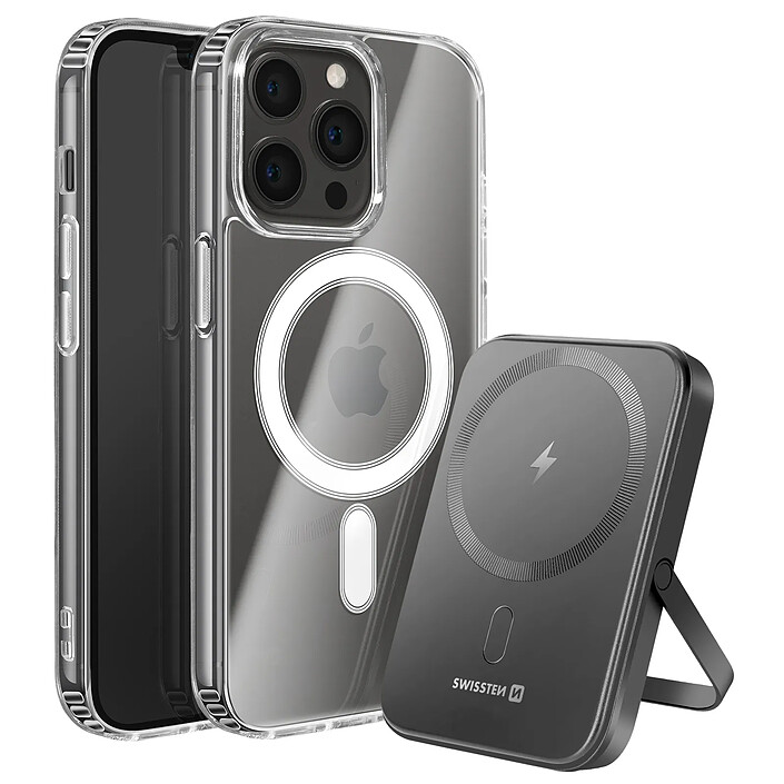 Swissten Pack MagSafe iPhone 13 Pro Max avec Coque Bi-matière et Powerbank 5000 mAh Transparent