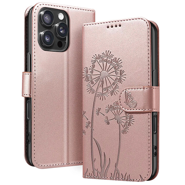 Zanaé Étui Portefeuille pour iPhone 16 Pro Max Premium Design Fleurs Papillon Rose champagne