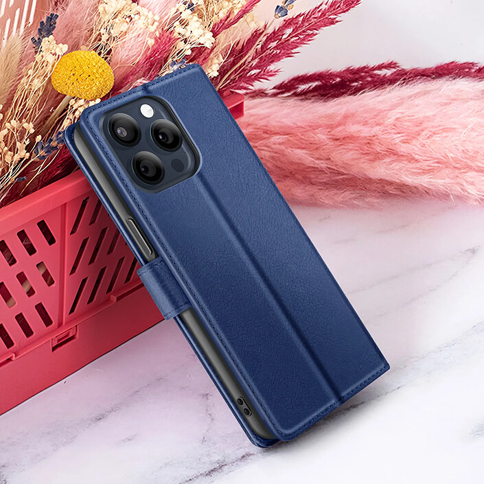 Zanaé Étui Portefeuille pour iPhone 15 Pro Fonction Support et Languette Magnétique Bleu nuit pas cher