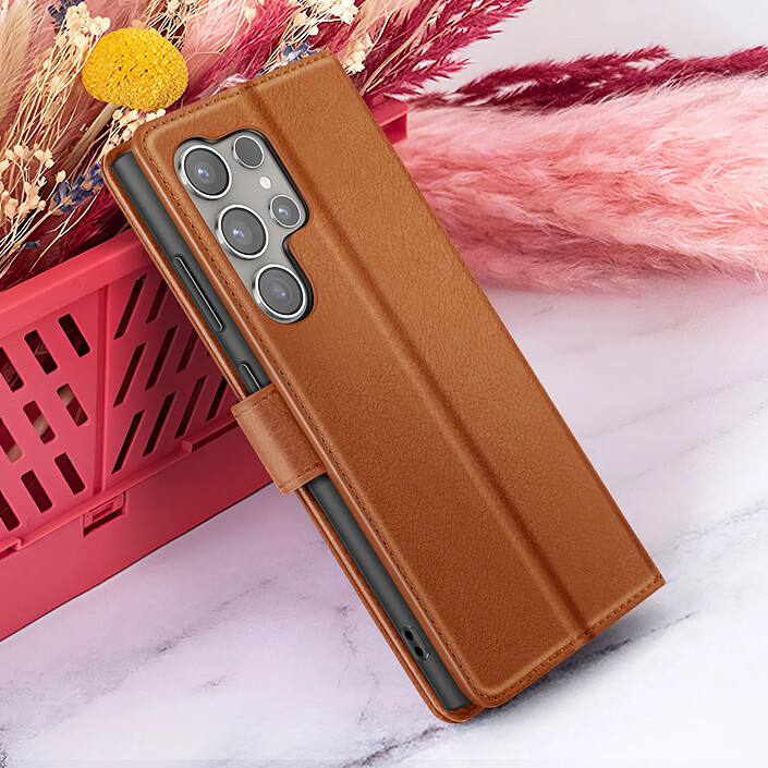 Zanaé Étui Portefeuille pour Galaxy S24 Ultra avec Support et Languette Magnétique Marron pas cher