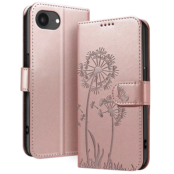 Zanaé Étui Portefeuille pour iPhone 16e Premium Design Fleurs Papillon Rose champagne