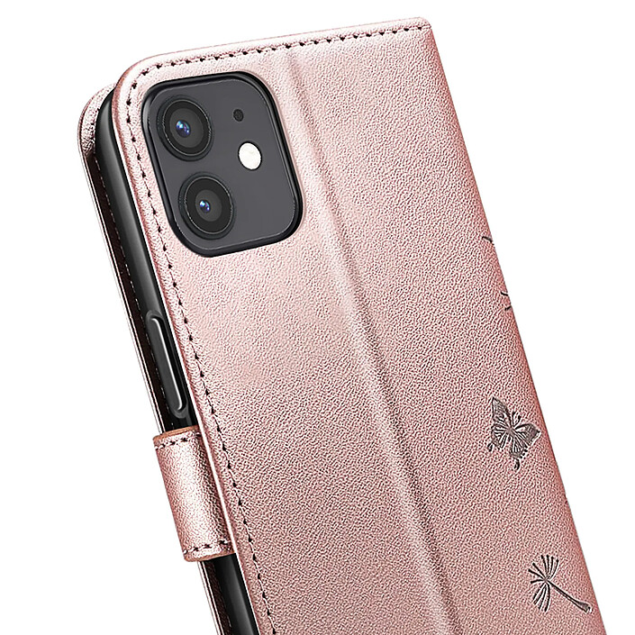 Zanaé Étui Portefeuille pour iPhone 12 / 12 Pro Premium Design Fleurs Papillon Rose champagne pas cher