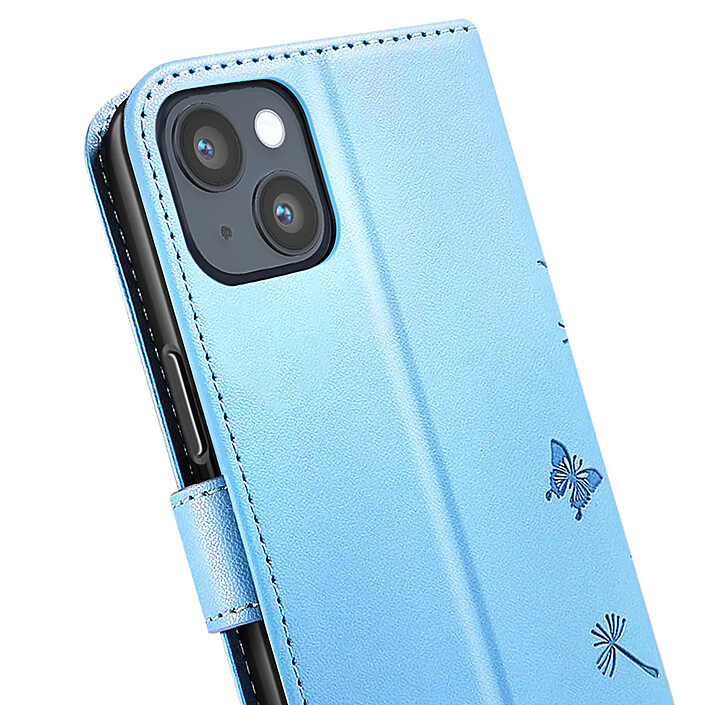 Zanaé Étui Portefeuille pour iPhone 13 / 14 Premium Design Fleurs Papillon Bleu clair pas cher