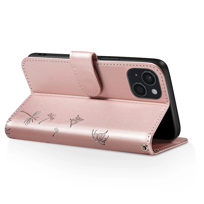 Avis Zanaé Étui Portefeuille pour iPhone 15 Premium Design Fleurs Papillon Rose champagne